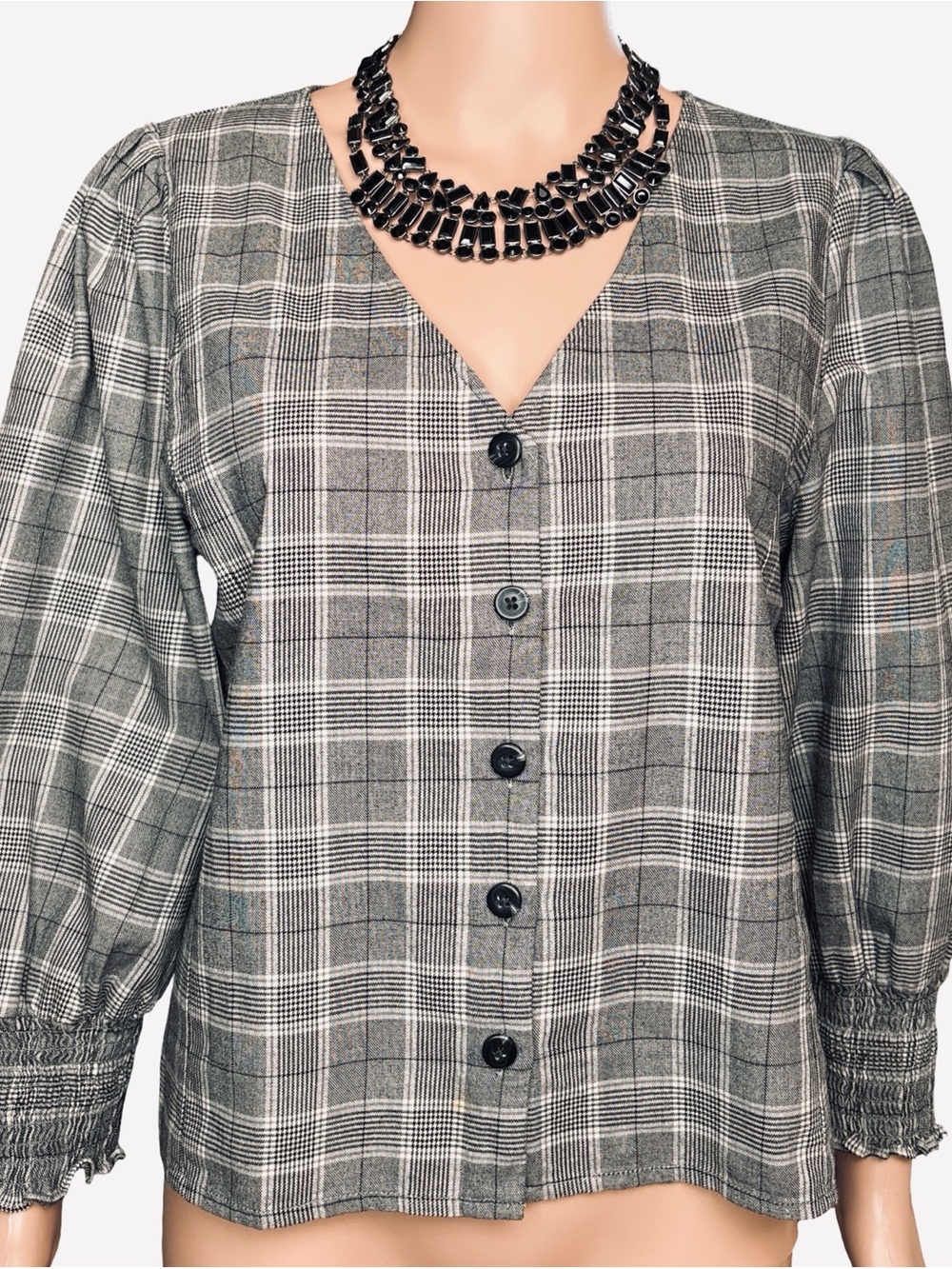Madewell Checked V-Neck Puff Sleeve Shirt Size 8